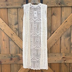Cream Crochet Sleeveless Long Cardigan